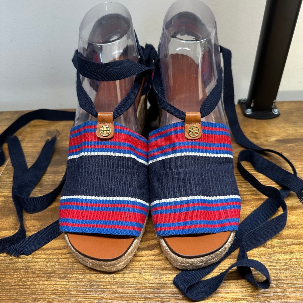 Tory Burch Striped Canvas Lace Up Espadrille Wedge Sandals Navy Red White